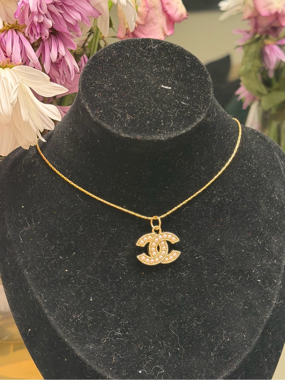 CC pearl charm on stainless steel Necklace